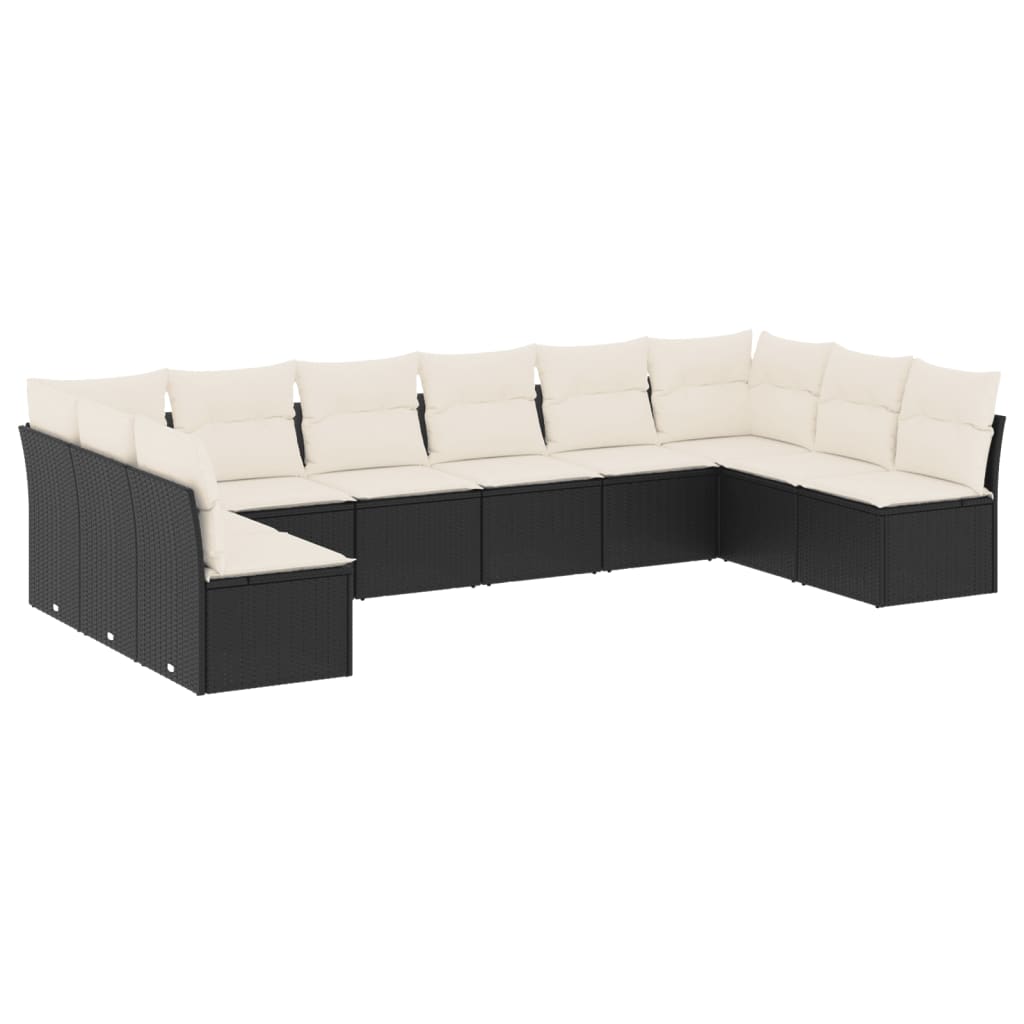 Set canapele de gradina cu perne, 10 piese, negru, poliratan