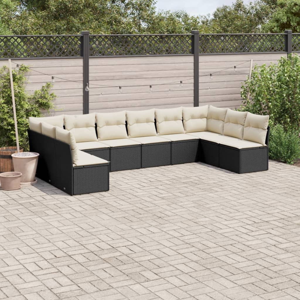 Set canapele de gradina cu perne, 10 piese, negru, poliratan — imaginea 2
