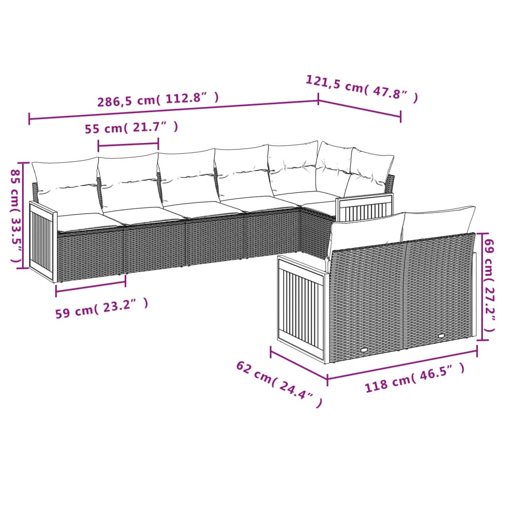 Set mobilier de gradina cu perne, 8 piese, negru, poliratan — imaginea 3