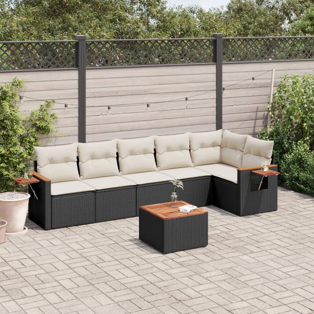 Set canapele de gradina cu perne, 7 piese, negru, poliratan — imaginea 2