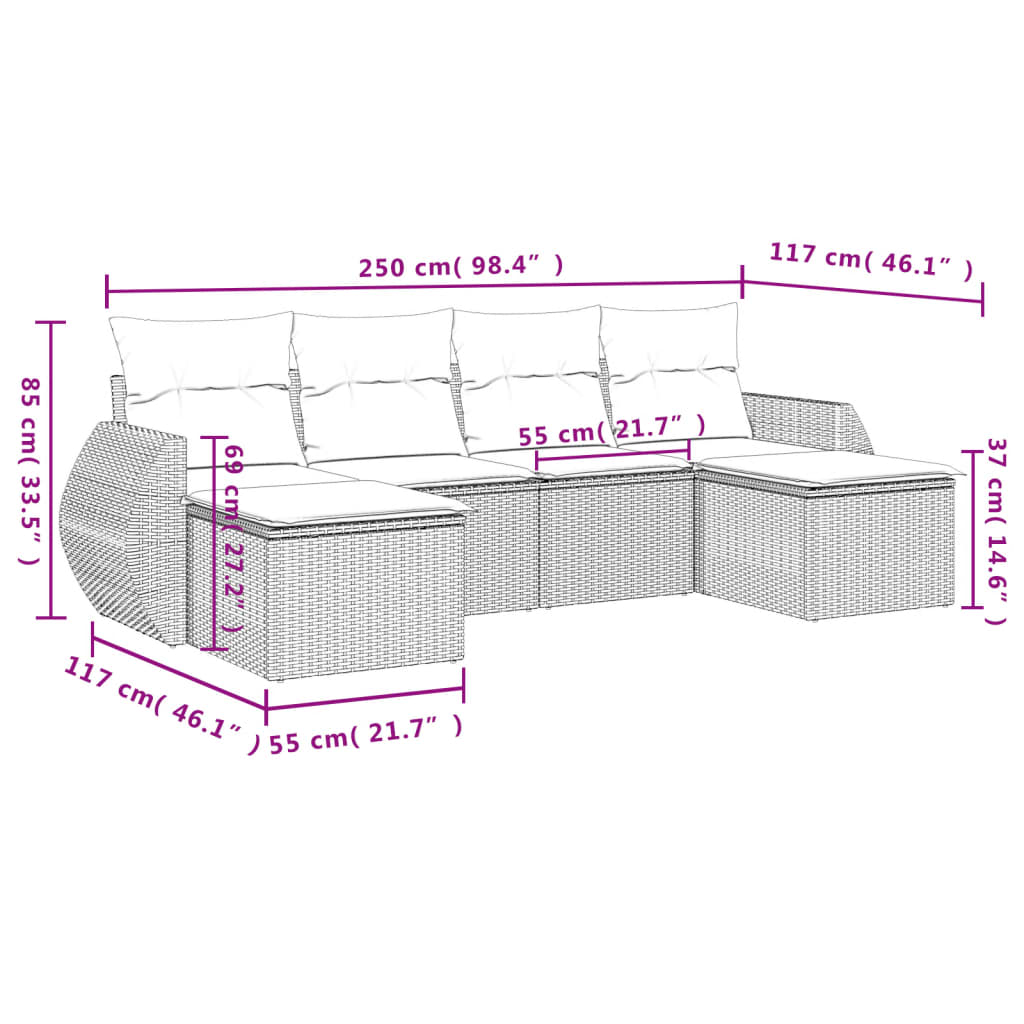 Set mobilier de gradina cu perne, 6 piese, negru, poliratan — imaginea 3