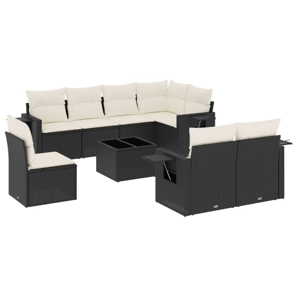 Set mobilier de gradina cu perne, 9 piese, negru, poliratan