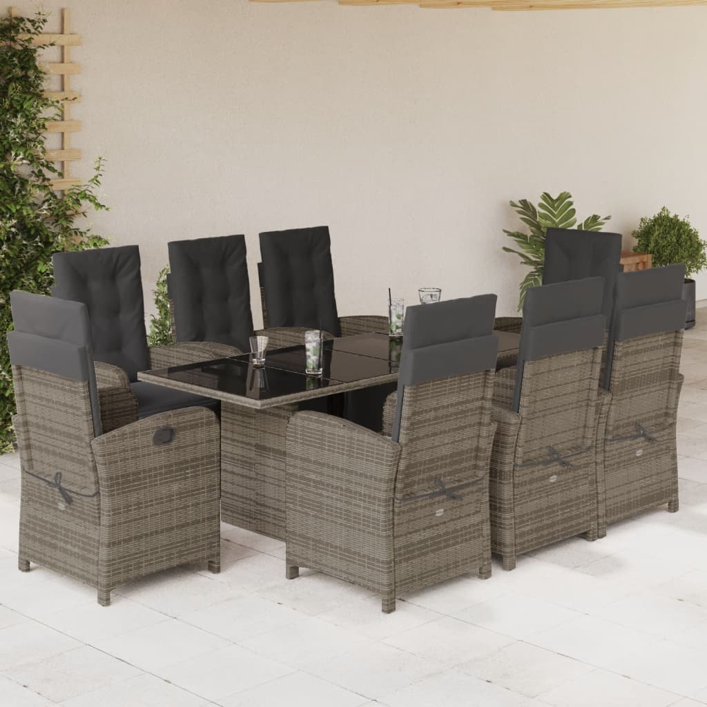 Set mobilier gradina cu perne, 9 piese, gri, poliratan — imaginea 2