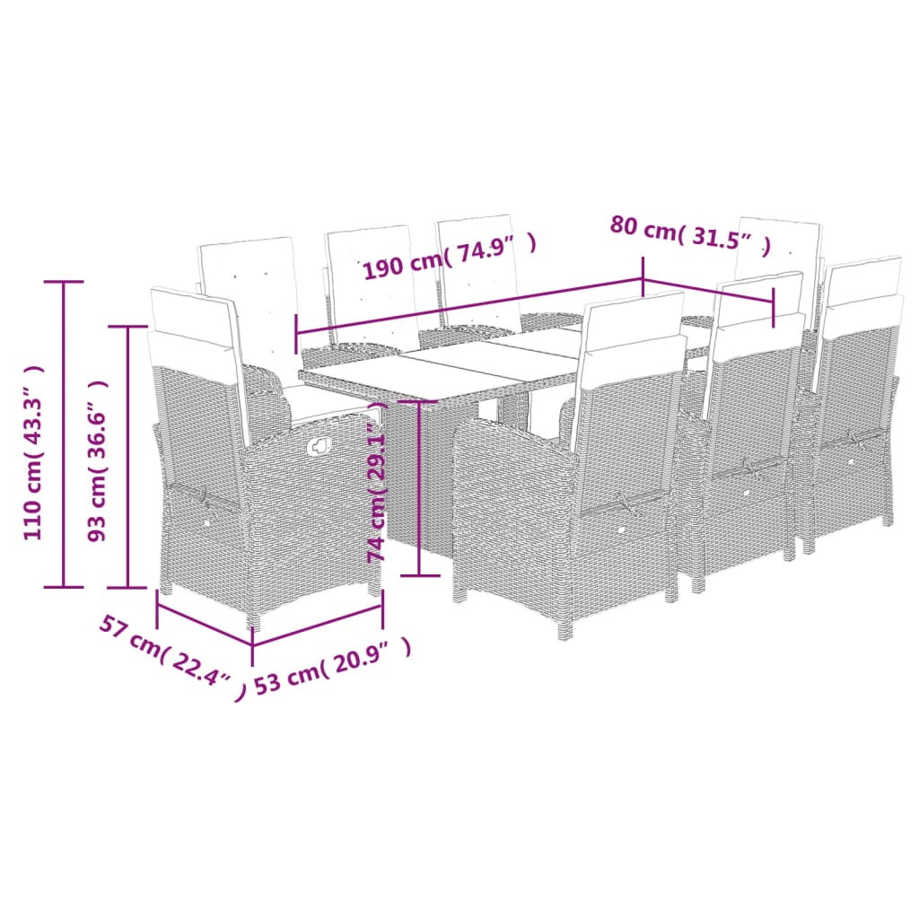 Set mobilier gradina cu perne, 9 piese, gri, poliratan — imaginea 9