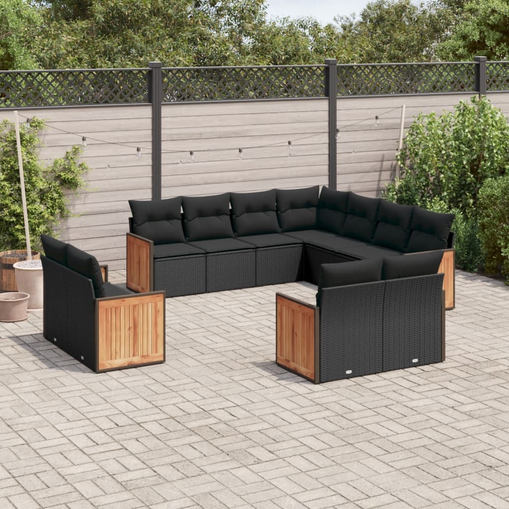 Set canapele de gradina cu perne, 11 piese, negru, poliratan — imaginea 2