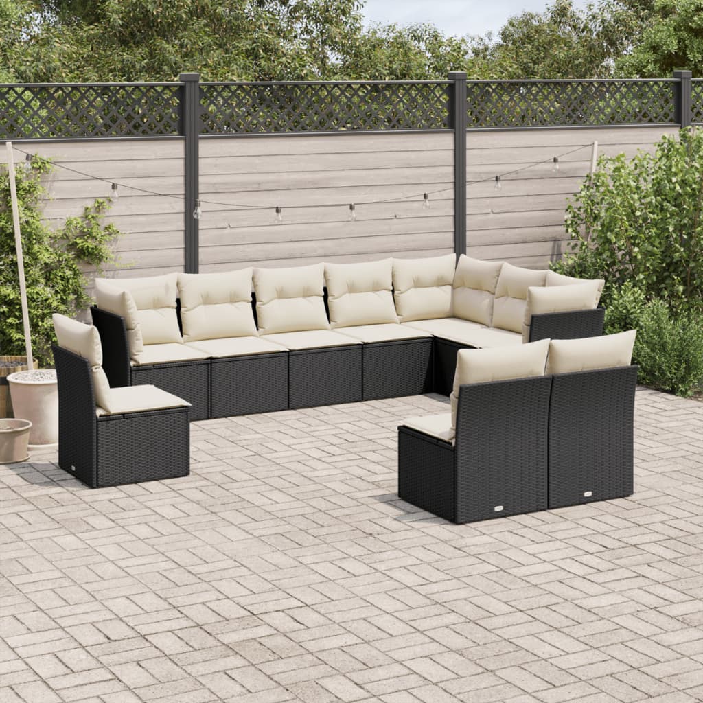 Set canapele de gradina cu perne, 10 piese, negru, poliratan — imaginea 2