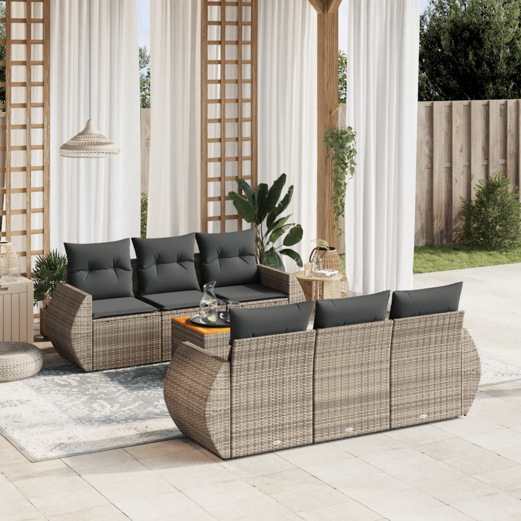 Set canapele de gradina, 7 piese, cu perne, gri, poliratan — imaginea 2
