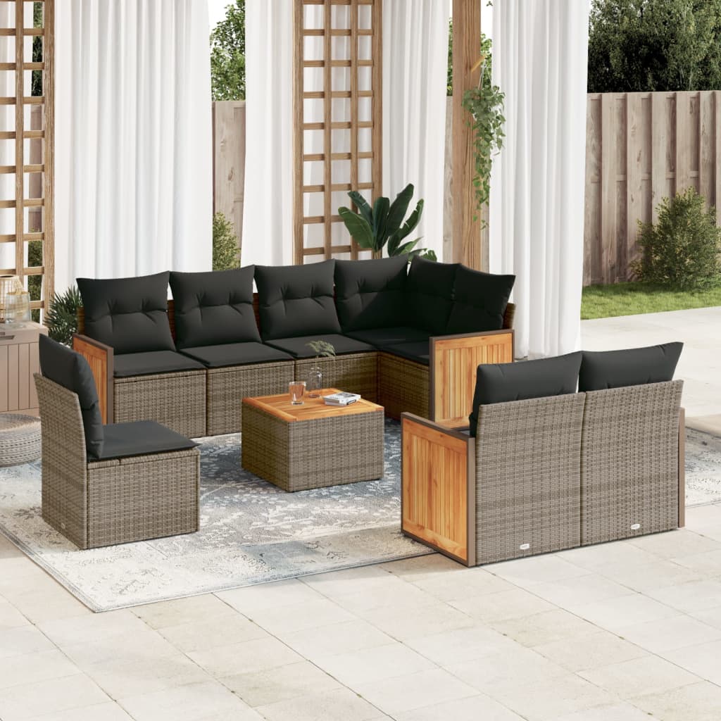 Set canapele de gradina, 9 piese, cu perne, gri, poliratan — imaginea 2