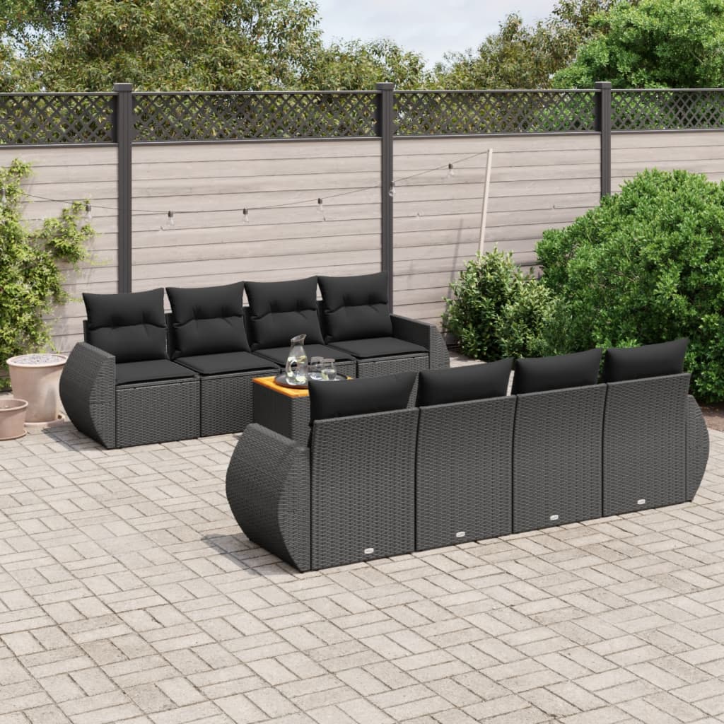 Set mobilier de gradina cu perne, 9 piese, negru, poliratan — imaginea 2