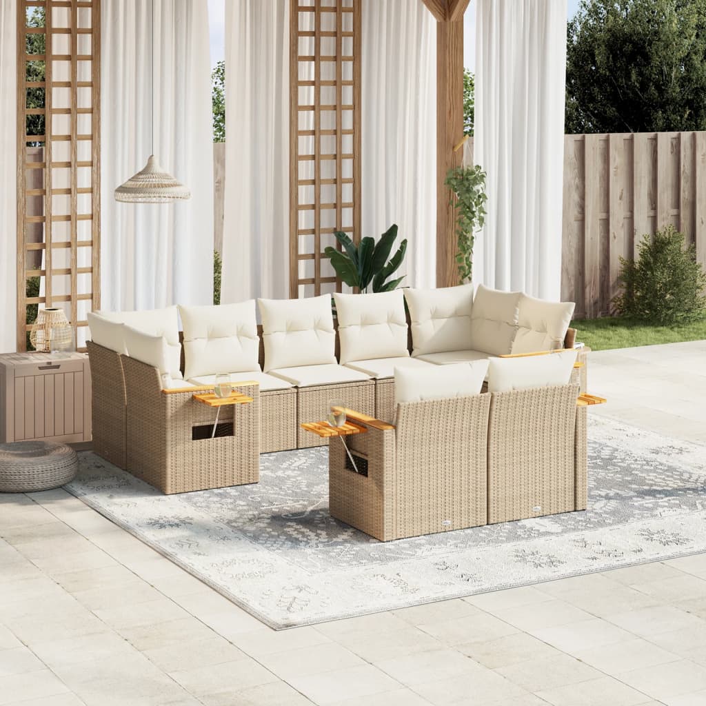 Set canapele de gradina, 9 piese, cu perne, bej, poliratan — imaginea 2