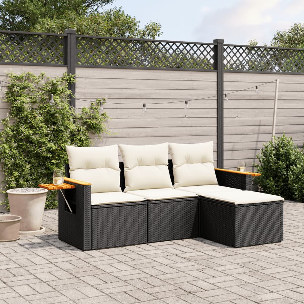 Set mobilier de gradina cu perne, 4 piese, negru, poliratan — imaginea 2