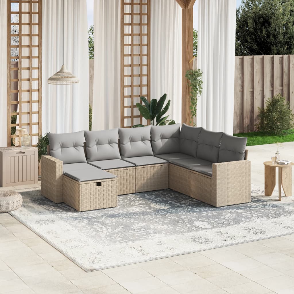 Set canapele de gradina, 7 piese, cu perne, bej, poliratan — imaginea 2