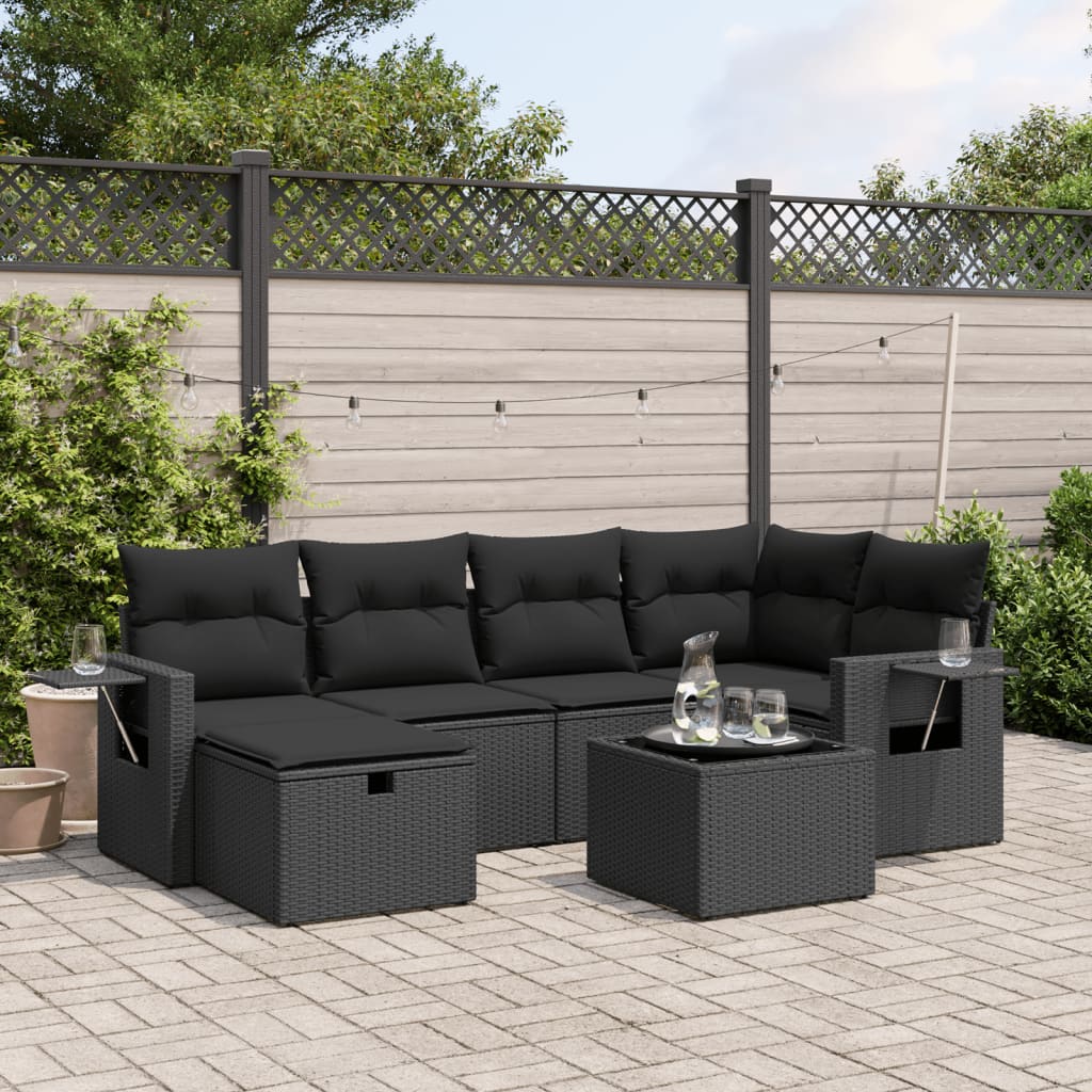 Set canapele de gradina cu perne, 7 piese, negru, poliratan — imaginea 2