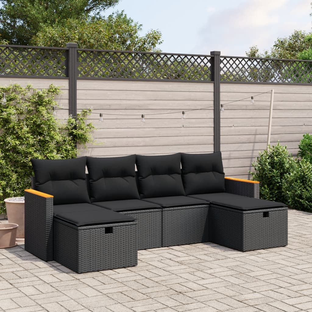 Set mobilier de gradina cu perne, 6 piese, negru, poliratan — imaginea 2