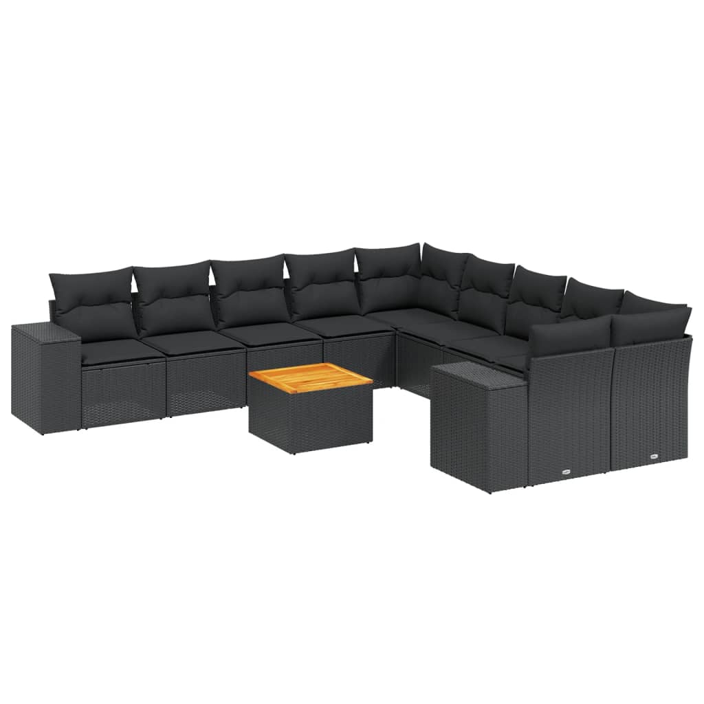 Set canapele de gradina cu perne, 11 piese, negru, poliratan