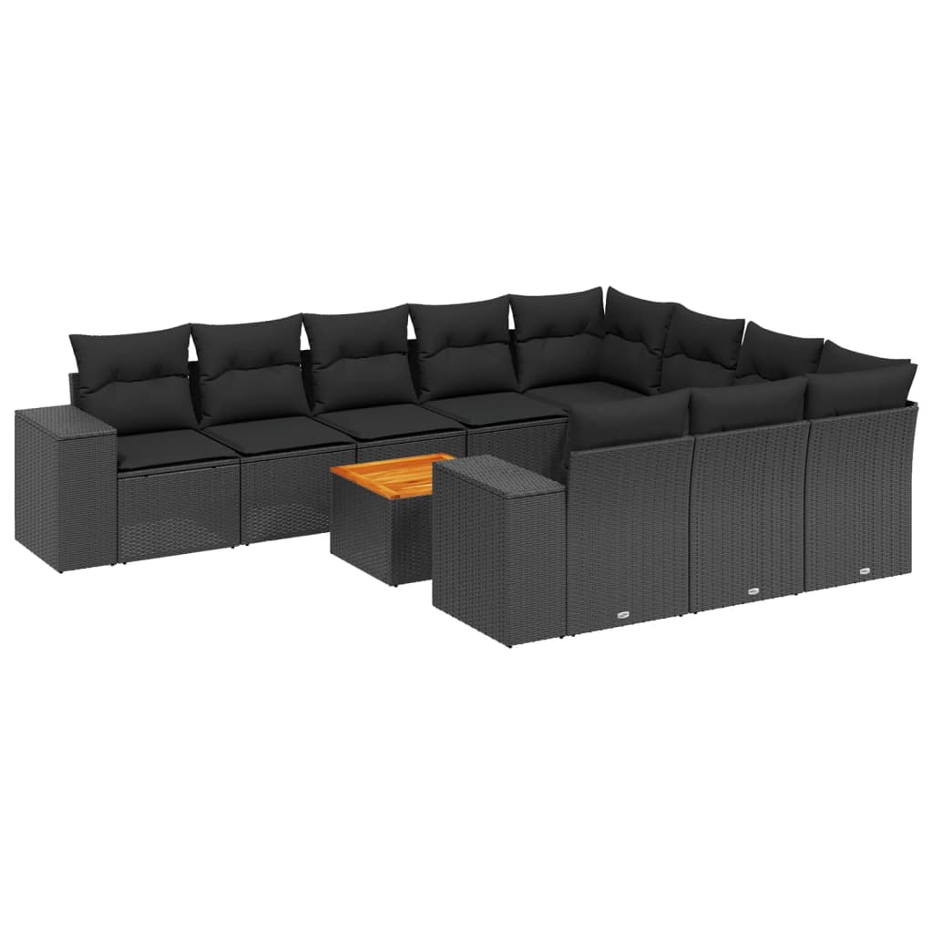 Set canapele de gradina cu perne, 11 piese, negru, poliratan