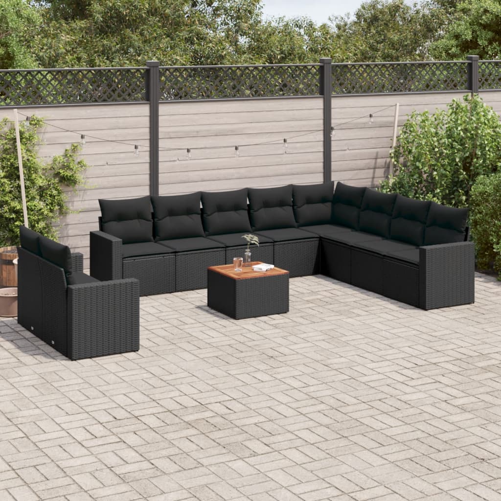 Set canapele de gradina cu perne, 11 piese, negru, poliratan — imaginea 2