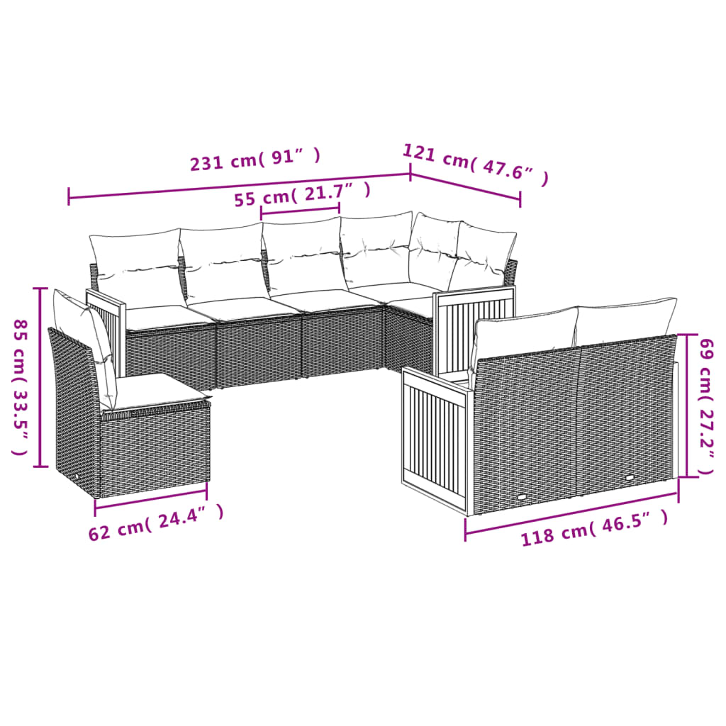 Set canapele de gradina, 8 piese, cu perne, bej, poliratan — imaginea 7