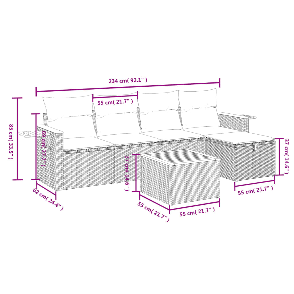 Set canapele de gradina cu perne, 6 piese, bej, poliratan — imaginea 3