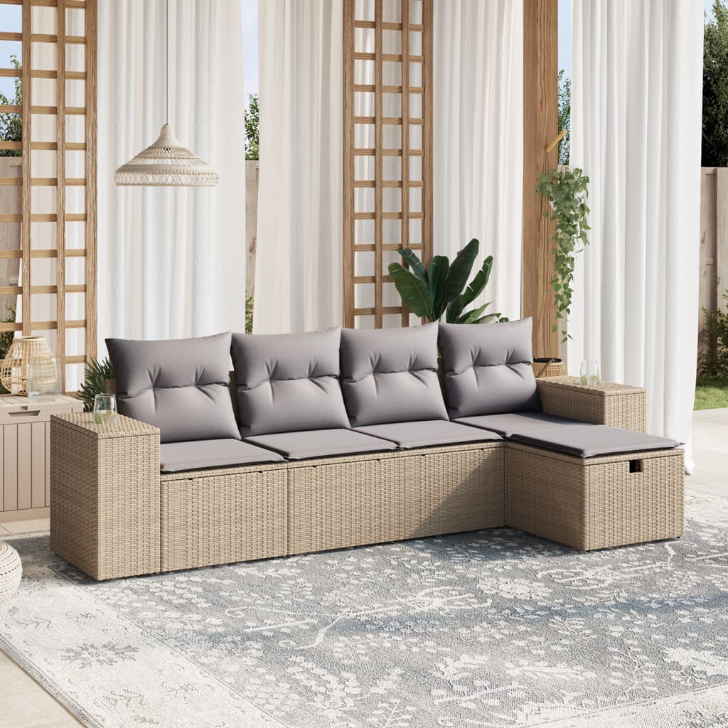 Set canapele de gradina, 5 piese, cu perne, bej, poliratan — imaginea 2