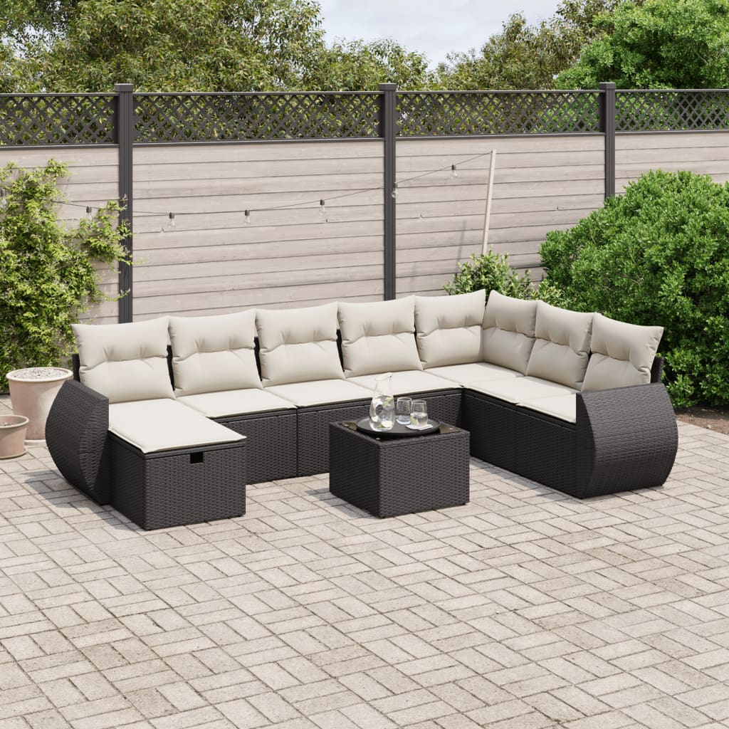 Set mobilier de gradina cu perne, 9 piese, negru, poliratan — imaginea 2