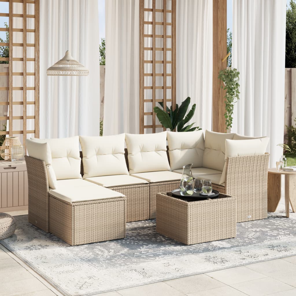 Set canapele de gradina, 7 piese, cu perne, bej, poliratan — imaginea 2