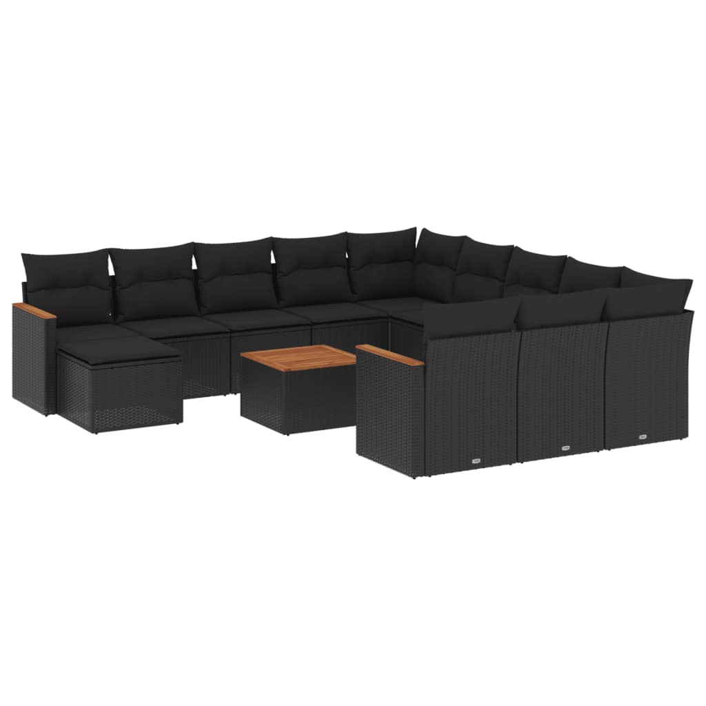 Set mobilier de gradina cu perne, 13 piese, negru, poliratan