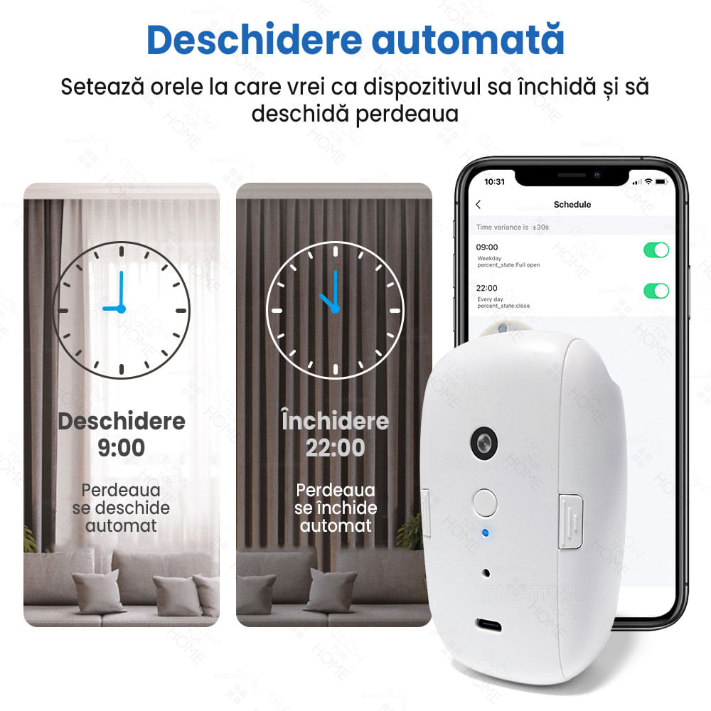 Dispozitiv inteligent pentru inchis/deschis perdele/draperii, GlowforHome, sina tip U Rail, tija rod, bluetooth, USB-C - 4 | YEO