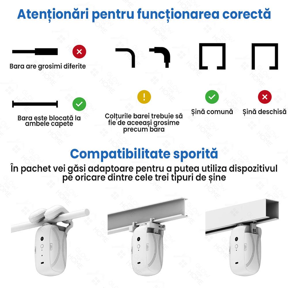 Dispozitiv inteligent pentru inchis/deschis perdele/draperii, GlowforHome, sina tip U Rail, tija rod, bluetooth, USB-C - 4 | YEO