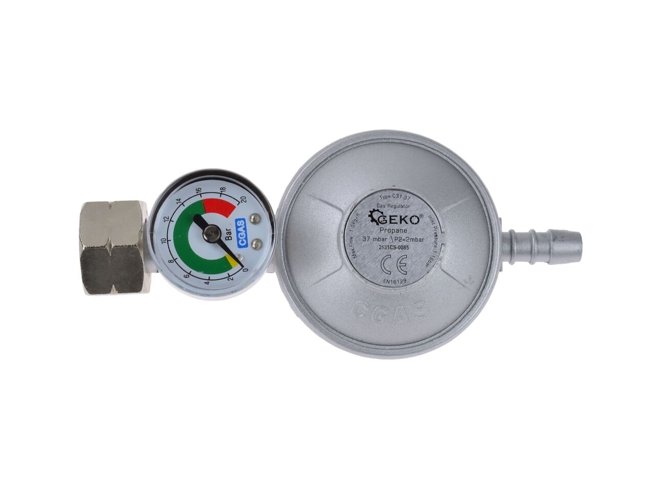 Regulator pentru butelie 11kg, 37mbar cu manometru, Geko G80542