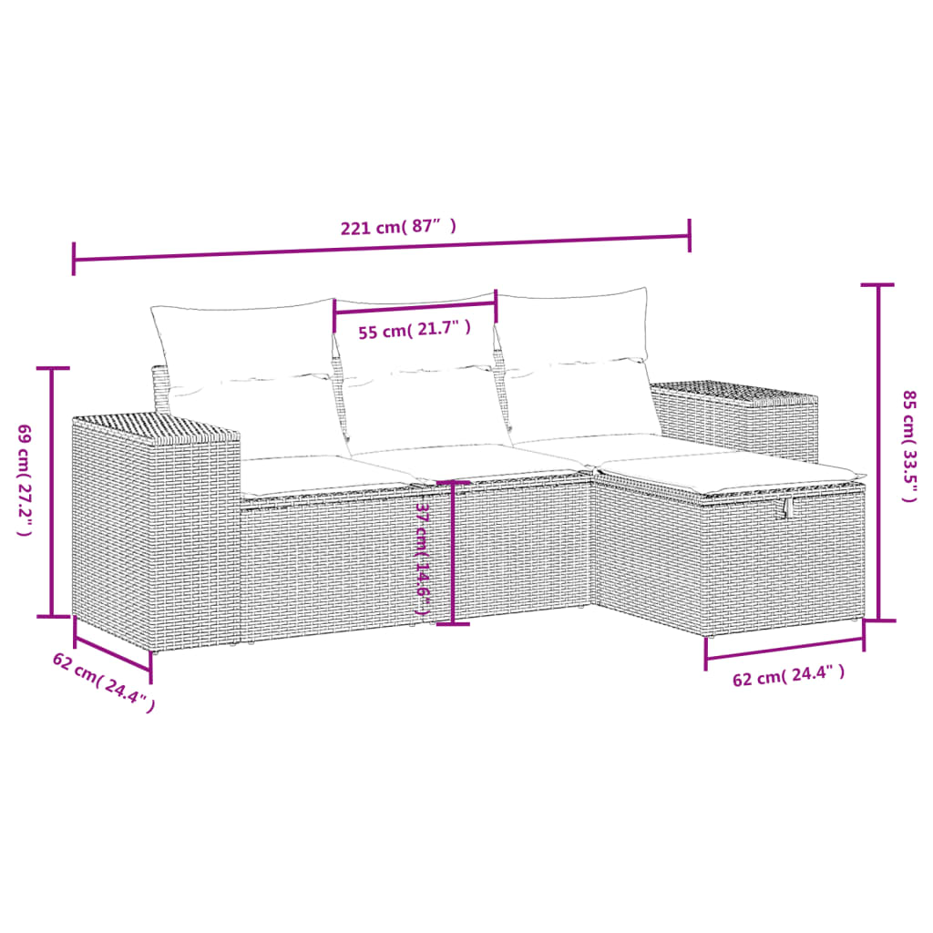 Set mobilier de gradina cu perne, 4 piese, negru, poliratan — imaginea 3