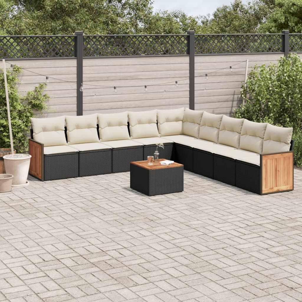 Set canapele de gradina cu perne, 10 piese, negru, poliratan — imaginea 2