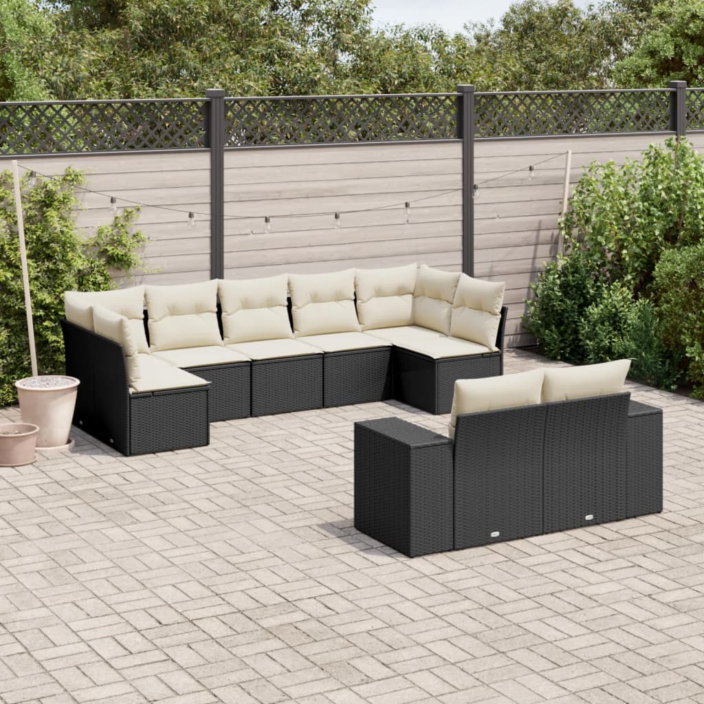 Set mobilier de gradina cu perne, 9 piese, negru, poliratan — imaginea 2