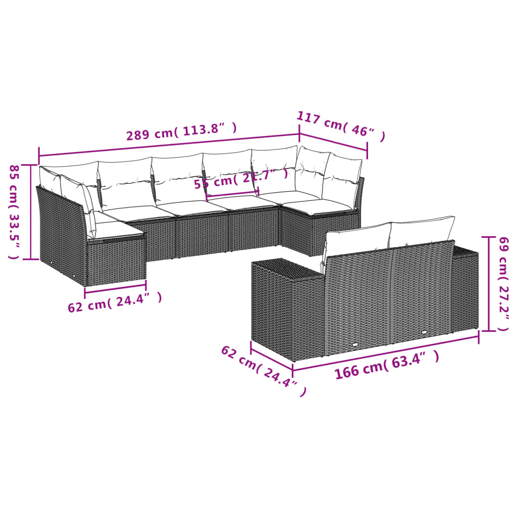Set mobilier de gradina cu perne, 9 piese, negru, poliratan — imaginea 7
