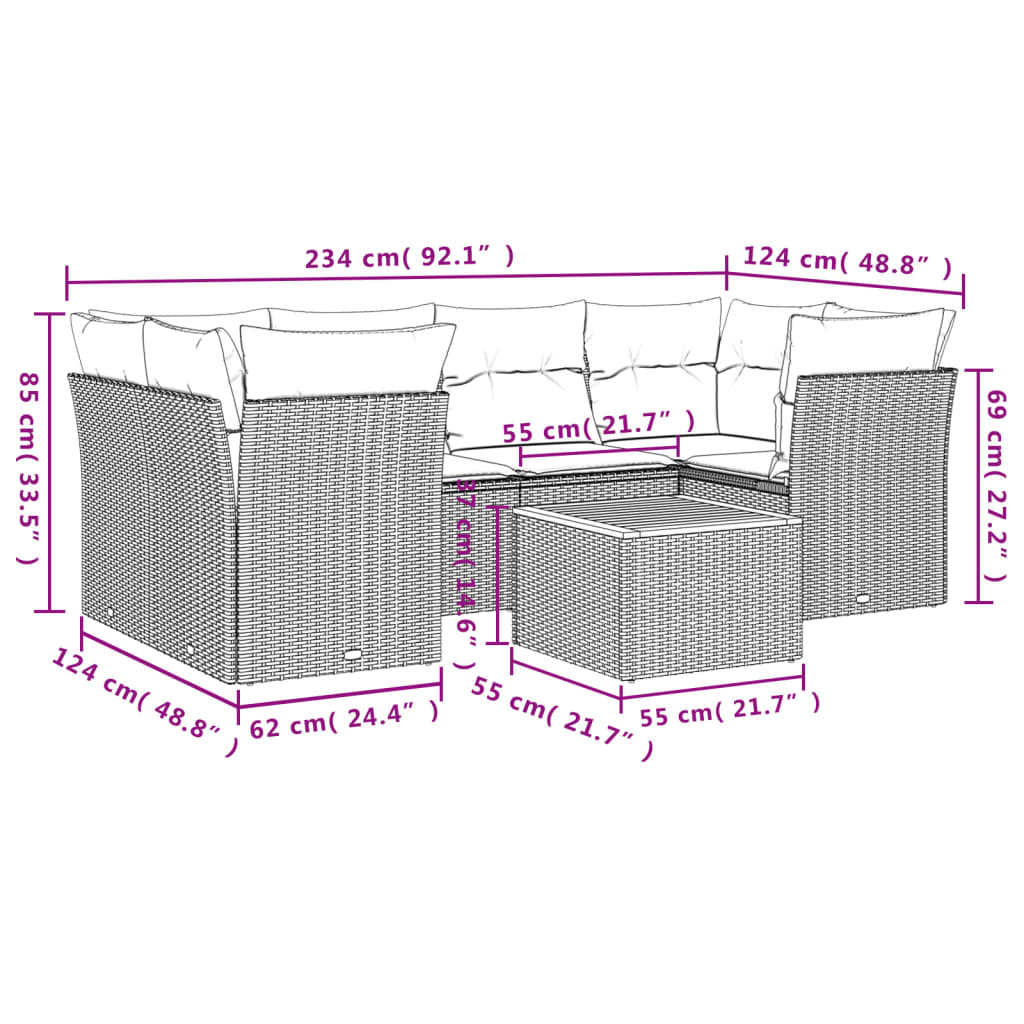 Set canapele de gradina, 7 piese, cu perne, gri, poliratan — imaginea 10
