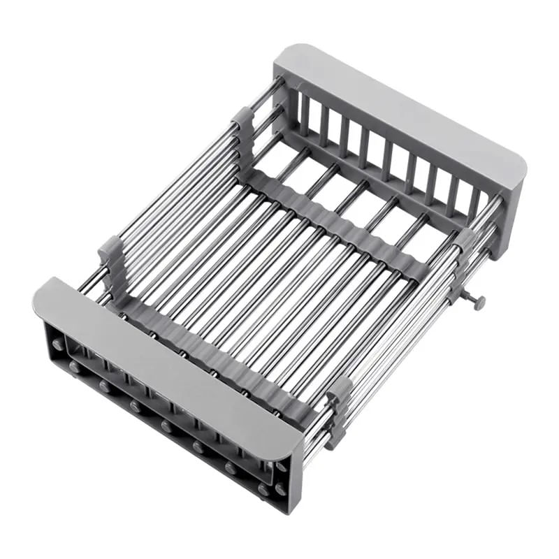 Suport multifunctional de chiuveta, extensibil, 29,5-44,5x22,5x9cm, pentru legume, fructe, vase sau pahare, Gri — imaginea 2