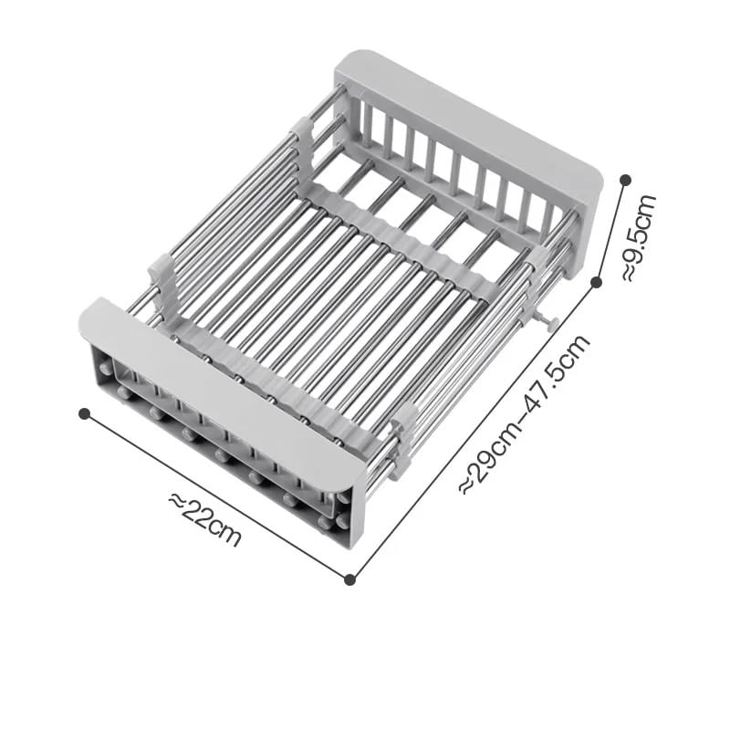 Suport multifunctional de chiuveta, extensibil, 29,5-44,5x22,5x9cm, pentru legume, fructe, vase sau pahare, Gri — imaginea 3