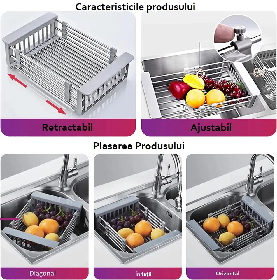 Suport multifunctional de chiuveta, extensibil, 29,5-44,5x22,5x9cm, pentru legume, fructe, vase sau pahare, Gri — imaginea 4