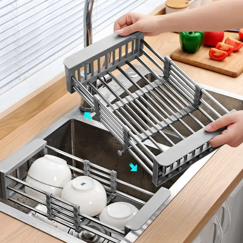 Suport multifunctional de chiuveta, extensibil, 29,5-44,5x22,5x9cm, pentru legume, fructe, vase sau pahare, Gri — imaginea 5