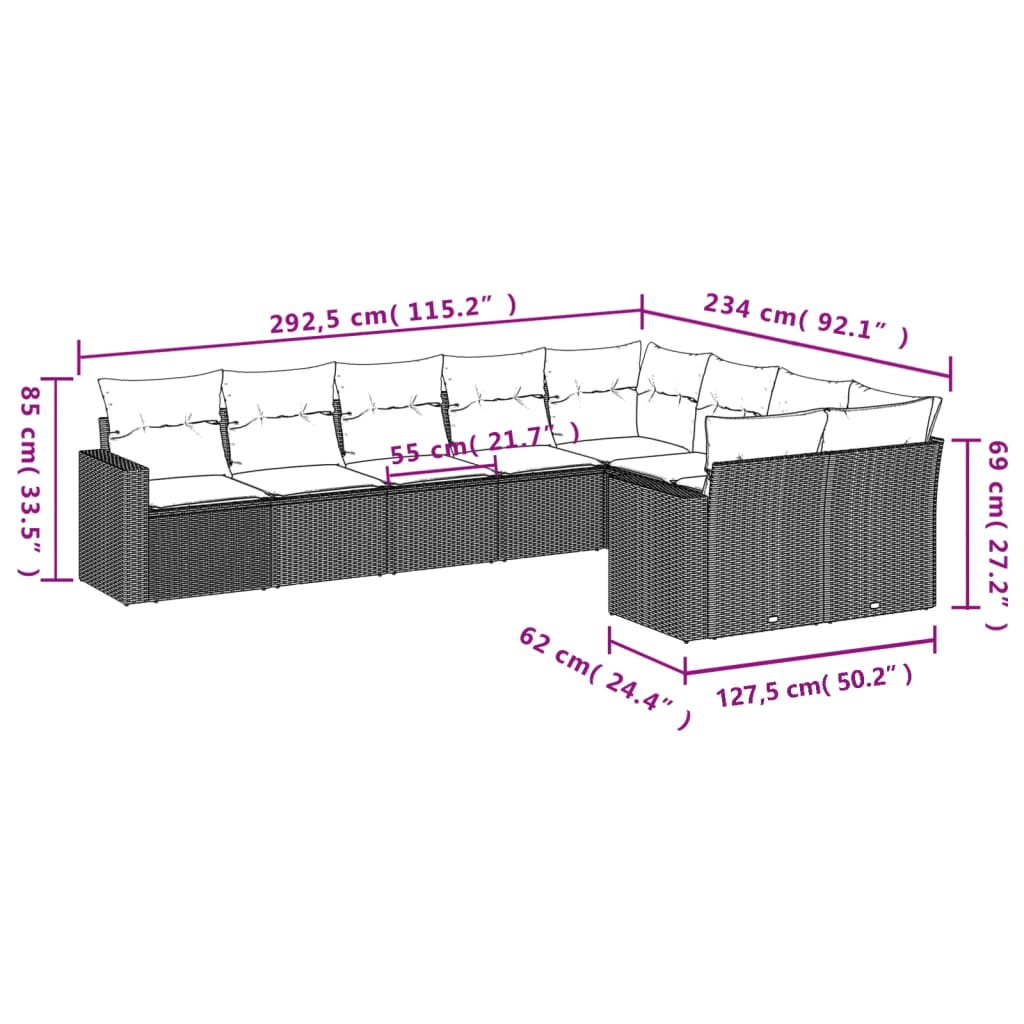 Set canapele de gradina cu perne, 9 piese, maro, poliratan — imaginea 7