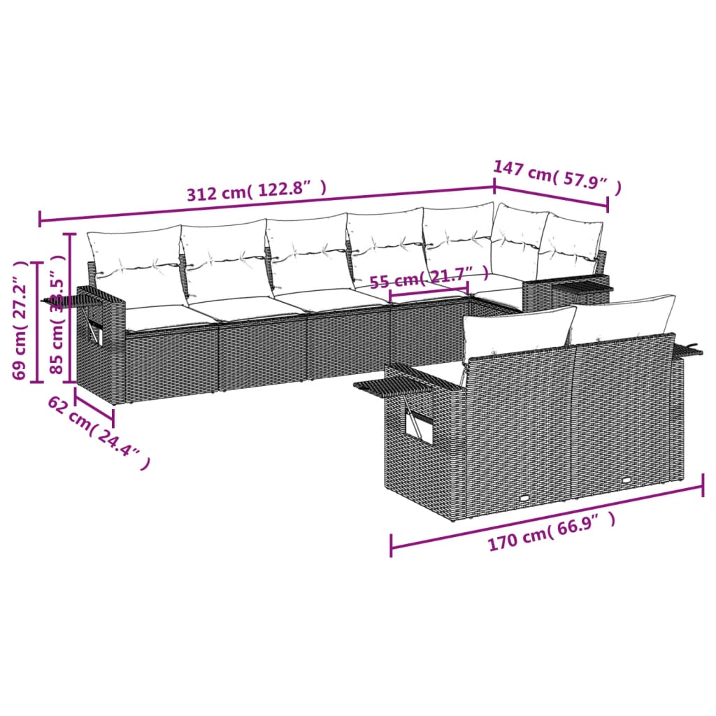 Set canapele de gradina cu perne, 8 piese, maro, poliratan — imaginea 8