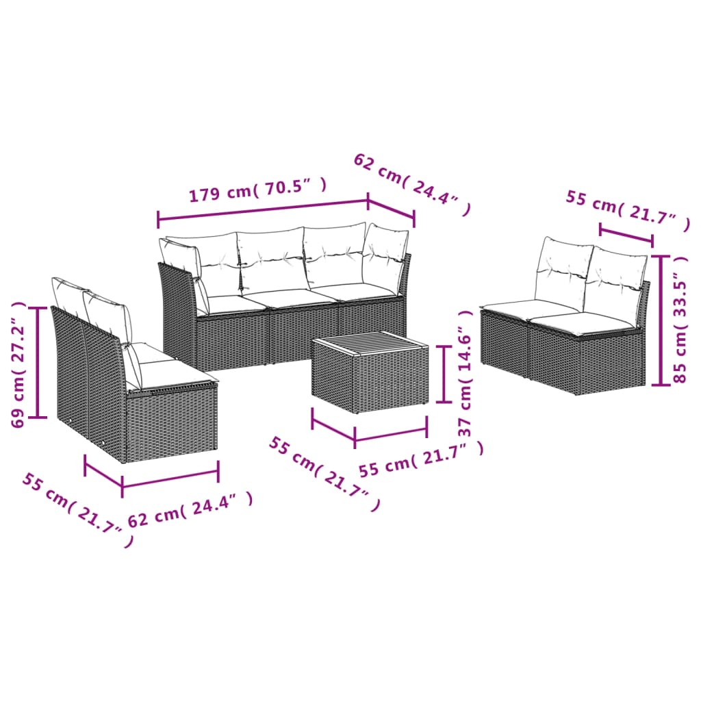 Set mobilier de gradina cu perne, 8 piese, negru, poliratan — imaginea 10