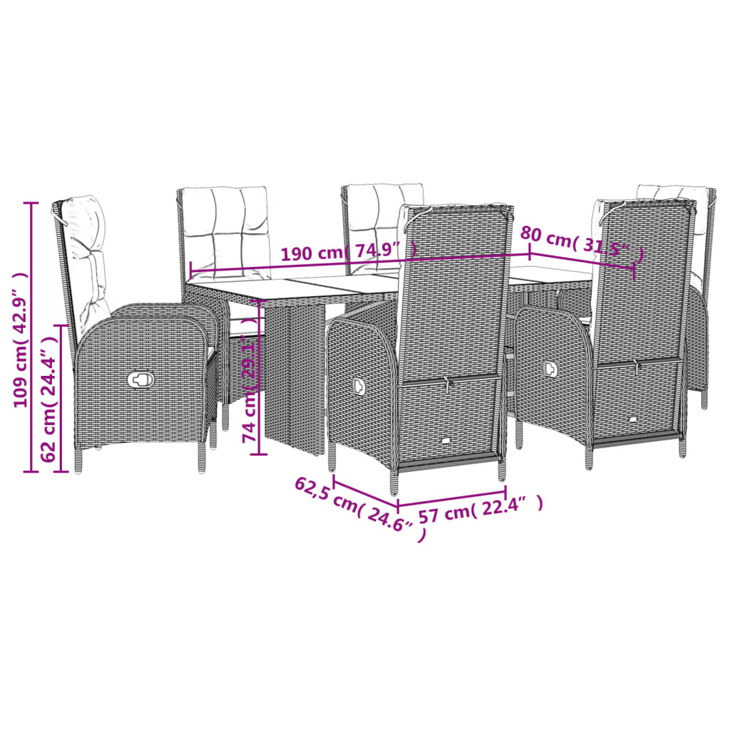 Set mobilier de gradina cu perne, 7 piese, gri, poliratan — imaginea 7