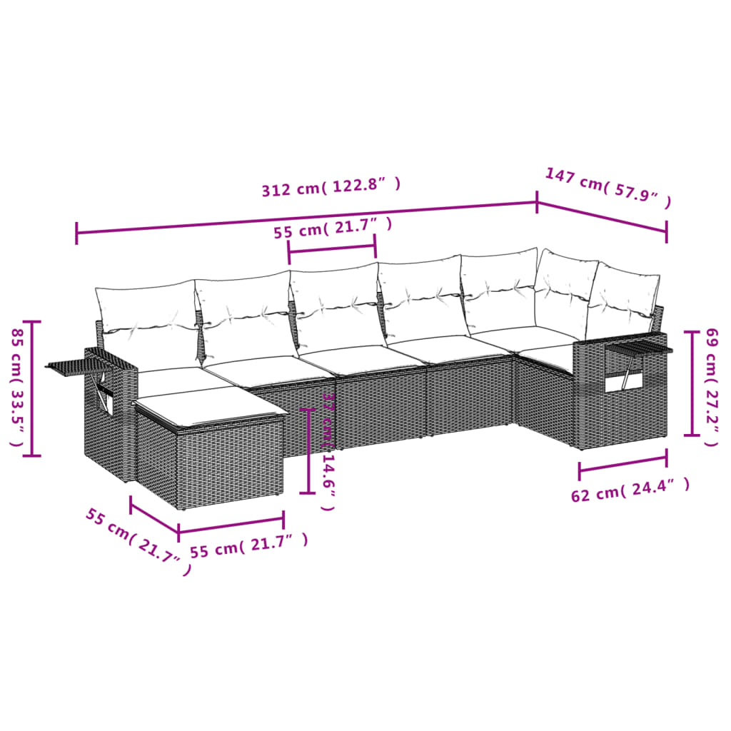 Set canapele de gradina cu perne, 7 piese, maro, poliratan — imaginea 9