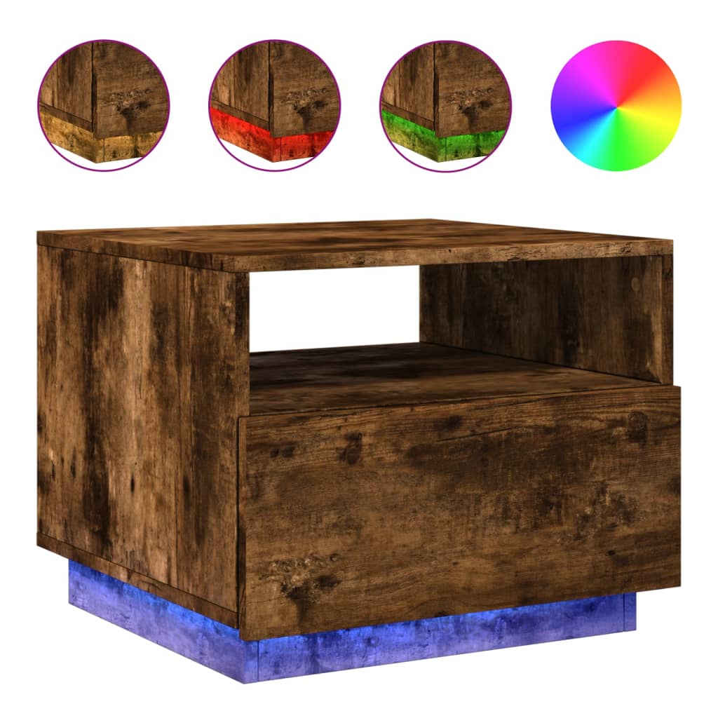 Masuta de cafea cu lumini LED, stejar fumuriu, 50x49x40 cm