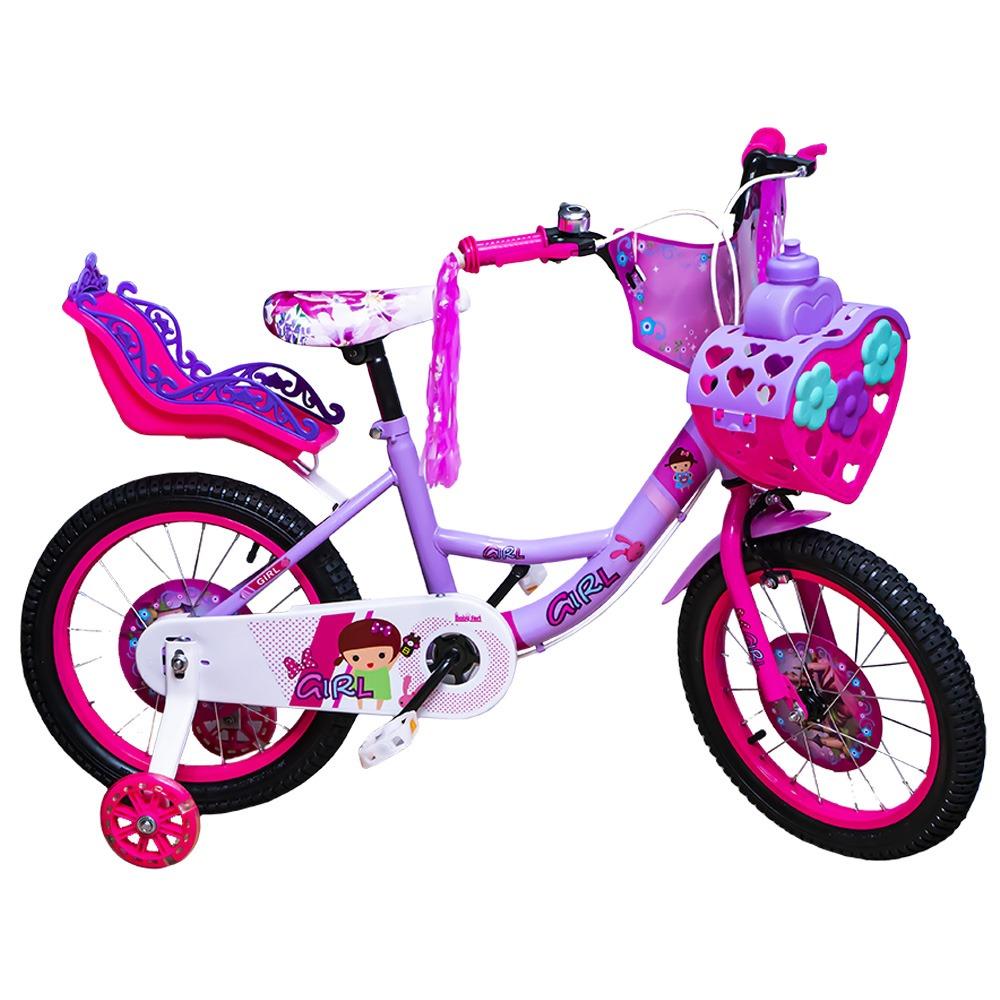 Bicicleta Go Kart MN Girl,16 inch, pentru copii, 4-6 ani, roti ajutatoare silicon, portbagaj, scaunel,cosulet,roz