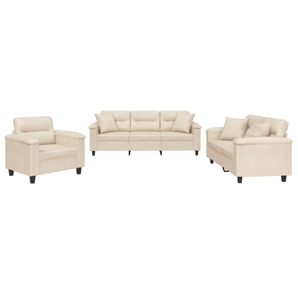 Set de canapele cu perne, 3 piese, bej, microfibra