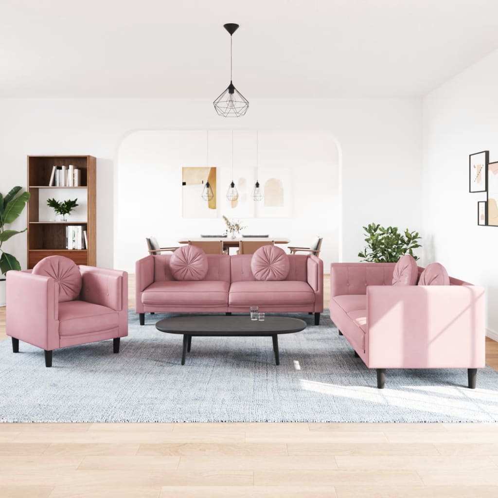 Set canapea cu perne, 3 piese, roz, catifea — imaginea 2