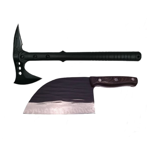 Set Topor Pirate Skull, 39 cm si Cutit Wave Blade, 30 cm, IdeallStore®, otel inoxidabil, negru