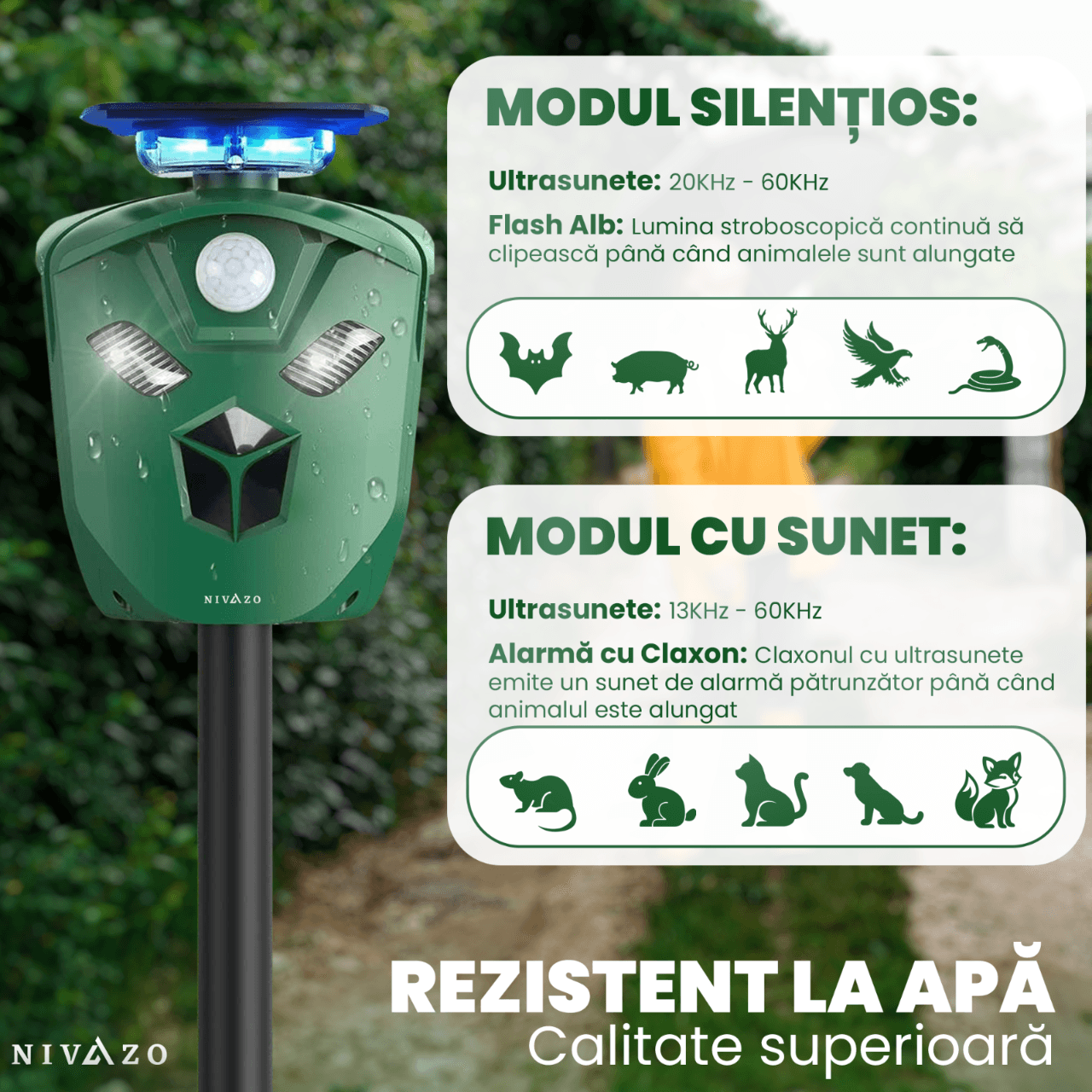 Dispozitiv cu ultrasunete anti-daunatori, Nivazo AR16, 800 metri, 3 laturi, 3 moduri functionare, acoperire 360, incarcare solara, verde - 2 | YEO